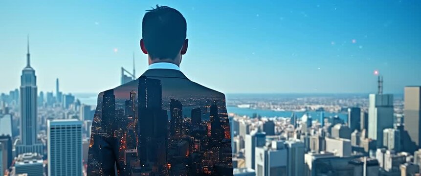 Businessman gazes over a vibrant city skyline as lights gently flicker, with a slow cinematic pan revealing a futuristic urban landscape, ideal for corporate or visionary themes.