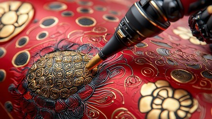 Close Up Of A Tattoo Machine Applying Intricate Gold And Black Design On Red Skin