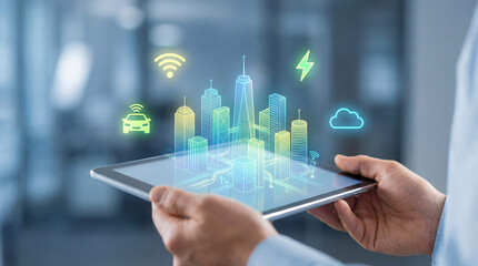 person holding tablet with cityscape and smart city icons on screen