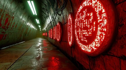 Dark Red Lit Underground Tunnel with Bloody Walls and Grunge Atmosphere