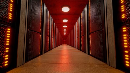 Dark Red Lit Server Room Corridor with Racks of Servers