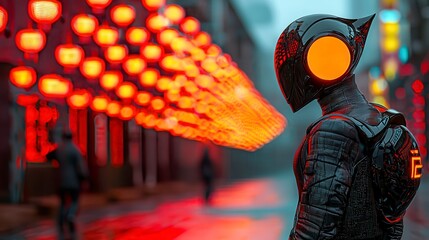 Futuristic Robot in a Rainy Cyberpunk City at Night