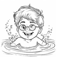 happy boy with glasses swimming in water coloring page