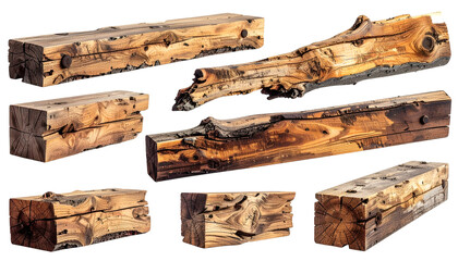 Fototapeta premium Assortment of rustic wooden beams, cut and rough-hewn, isolated on white