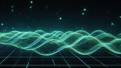 Digital waves of data overlaying a grid, with floating square particles