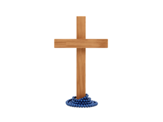 A wooden cross with blue rosary beads on a black background