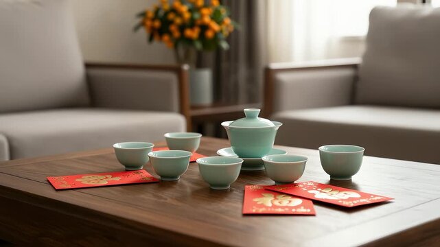 Red envelopes and celadon tea set on modern living room table