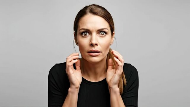 Woman expressing surprise to calm realization in dramatic sequence