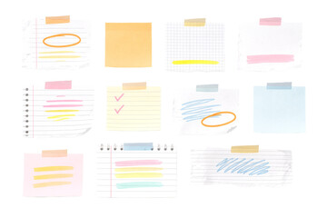 Various Lined and Grid Sticky Notes with Tape and Markings isolated PNG with Transparent Background