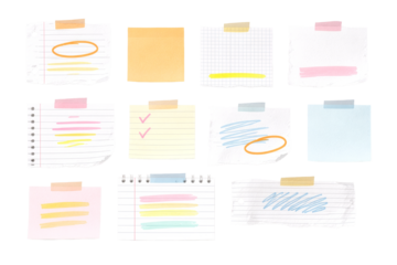 Various Lined and Grid Sticky Notes with Tape and Markings isolated PNG with Transparent Background