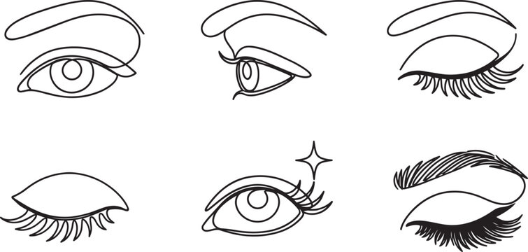 Set of minimalist continuous line drawing of woman eyes and eyebrows. Beauty salon logo vector illustration of eyelashes and winking eye.