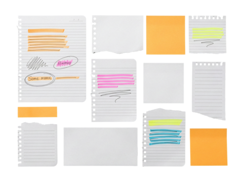 Set of Various Lined and Blank Paper Notes with Highlights isolated PNG with Transparent Background - Powered by Adobe