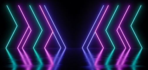 Neon lit stage with colorful glowing lines, futuristic background, vibrant purple and blue lights