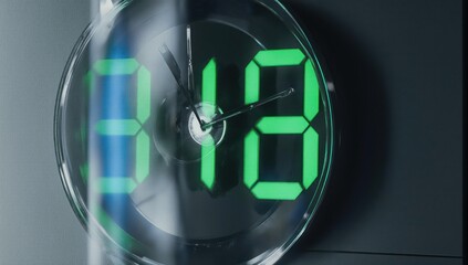 Modern, digital clock displays time with illuminated green digits, clear glass