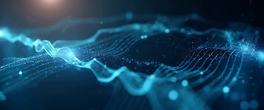 Dynamic digital waveforms pulse in a futuristic, cinematic style as the camera slowly pans, highlighting the abstract network of glowing particles, perfect for tech-themed stock footage.