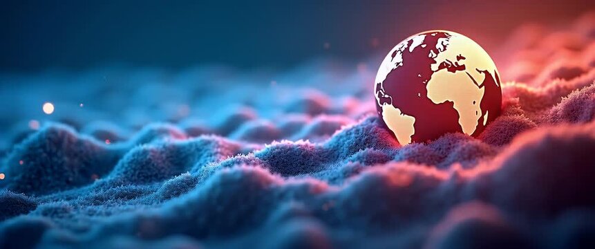 Cinematic shot of a glowing globe resting on textured sand with subtle ambient lights flickering, as the camera slowly pans to reveal the serene, dreamlike landscape, ideal for environmental themes.