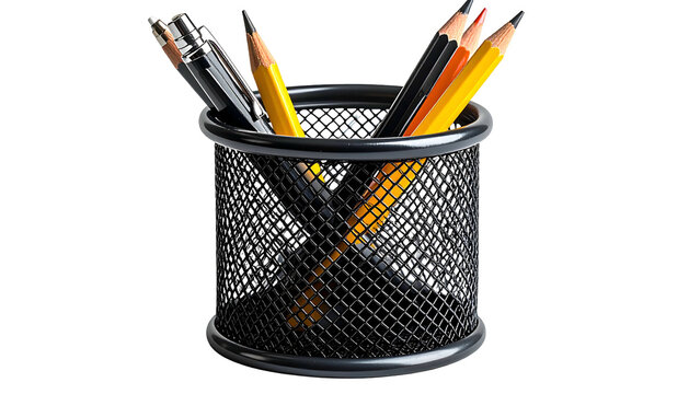 Close-up of black wire mesh pen holder filled with pencils and pens on a black background