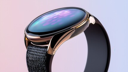 Elegant Gold Smartwatch with Nebula Watch Face and Black Band