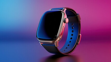 Sleek Smartwatch with Blue Strap on Gradient Pink and Blue Background