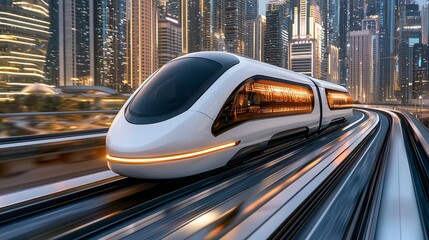 High Speed Train Traveling Through Modern City at Night