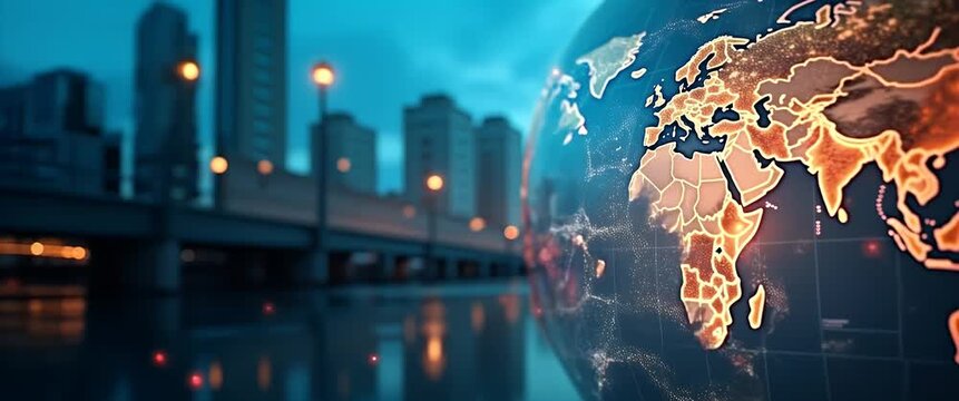 A cinematic slow pan across a glowing world map with ambient city lights flickering in the background, highlighting global connectivity and urban development in a futuristic style.