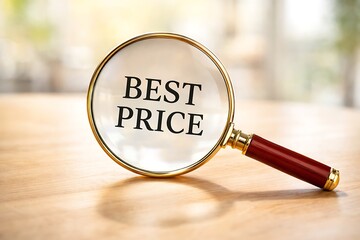 Magnifying glass with BEST PRICE text on a wooden table, searching for deals