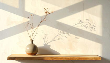 Minimalist Still Life with Dried Branches and Shadow Play on Textured Wall