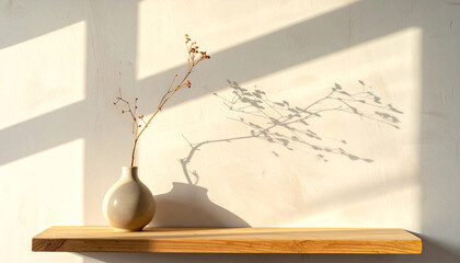 Minimalist Still Life with Dried Branches and Shadow Play on Textured Wall