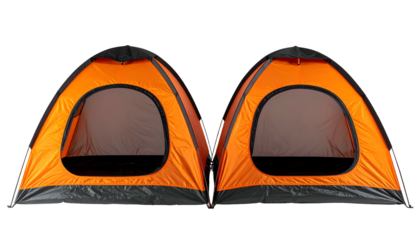 Two connected dome tents, orange with black trim, open entrances visible