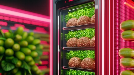 Futuristic Food Storage System with Buns and Lettuce Under Pink Neon Lights