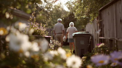 Senior couple walks together to take out trash bins surrounded by flowers in a peaceful garden setting during daytime