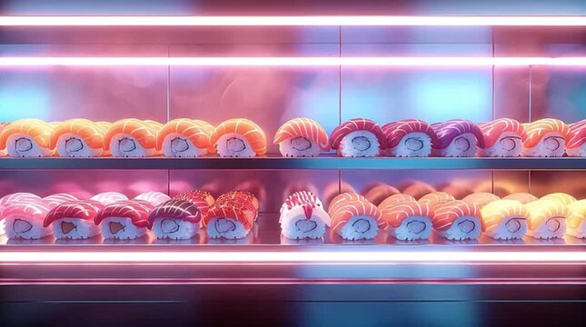 Rows of beautifully prepared sushi rolls and nigiri sashimi are showcased under vivid pink neon lighting in a sleek display case, ready for consumption.