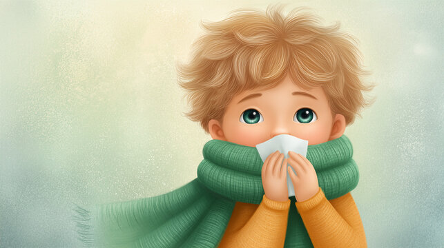 Cute child with curly hair wearing green scarf and holding tissue, expressing feeling of cold. Child is bundled up with soft scarf, conveying chilly weather and emotions.