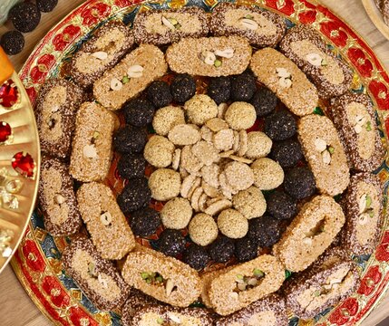 Assorted Makar Sankranti Or Lohri Mithai Authentic Gulab Gajak, Pista Gazak, Til Patti Or Papdi, Til Laddu Or Ladoo, Revdi And Rewri Is Made Of Tilgul, Mungfali, Sesame Seed, Jaggery Gud, Badam, Pista