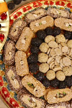 Assorted Makar Sankranti Or Lohri Mithai Authentic Gulab Gajak, Pista Gazak, Til Patti Or Papdi, Til Laddu Or Ladoo, Revdi And Rewri Is Made Of Tilgul, Mungfali, Sesame Seed, Jaggery Gud, Badam, Pista