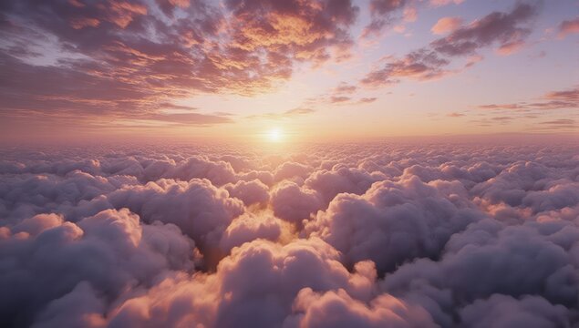 Golden sunrise illuminates a cloud sea, vast sky with a peachy glow - Powered by Adobe