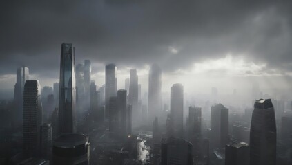 High-angle view of a modern cityscape obscured by a moody, grey sky