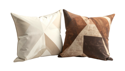 Two square pillows with geometric designs, one light and one dark, against black