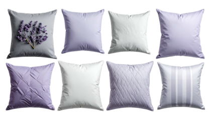 Eight square pillows in varying shades of lavender and white; different textures