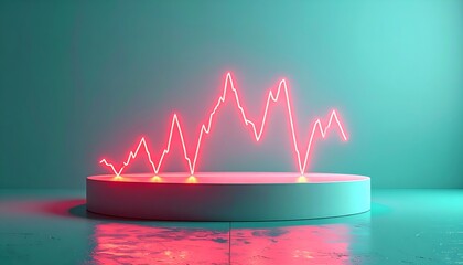 A surreal, futuristic scene featuring a glowing red neon graph on a circular platform in a teal environment viewed from the side