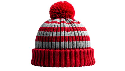 A red and white striped knit beanie with a fluffy red pompom