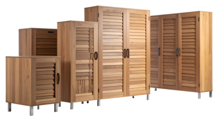 Wooden cabinetry set with louvered doors, varying sizes on chrome legs against a white backdrop