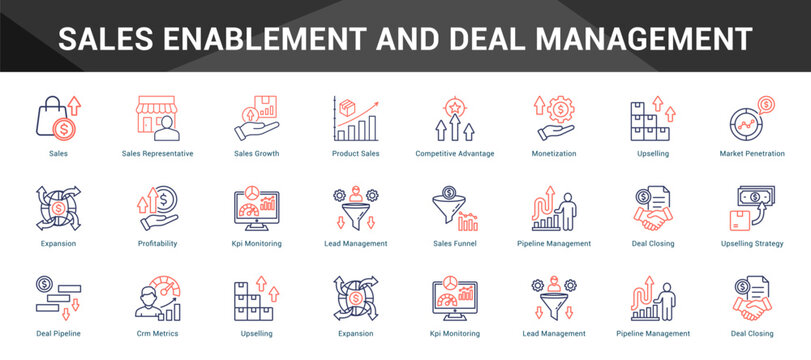 Sales Enablement And Deal Management Cohesive set of minimalist vector icons representing key ideas with visual clarity