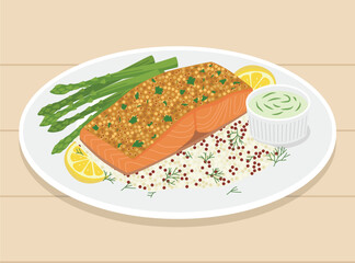 healthy herb crusted salmon dinner featuring a seed crusted fillet, fresh asparagus, herb infused quinoa, lemon wedges, and a creamy dipping sauce, presented on a white plate over wood.