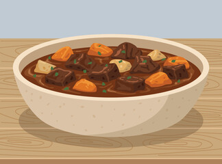 hearty bowl of beef stew featuring meat chunks, carrots, and potatoes on a wooden table, perfect for food, recipes, and comfort meal