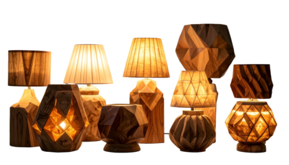 Group of various wooden lamps, lit with warm light against a dark backdrop