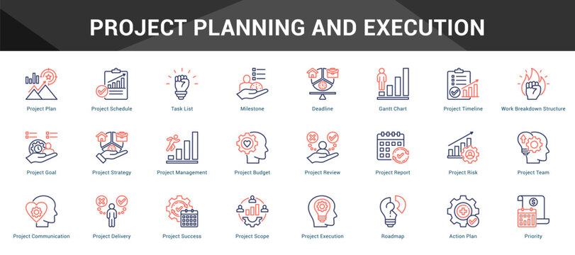 Project Planning And Execution Cohesive set of minimalist vector icons representing key ideas with visual clarity