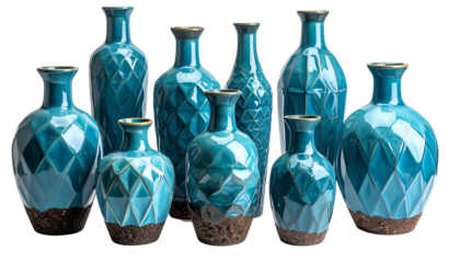 Nine turquoise ceramic vases with gold rims and textured bases on a transparent background