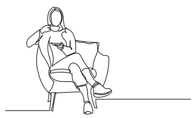 Continuous line Minimalist one-line drawing of a woman sitting in a sofa chair, enjoying a cup of coffee or tea. The elegant, continuous line captures a peaceful moment of relaxation.