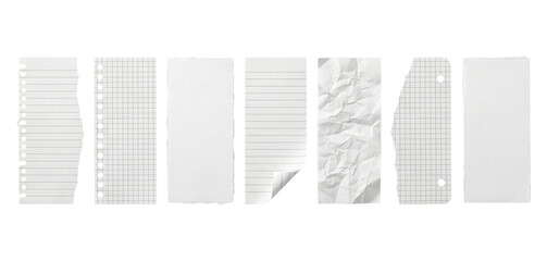 Set of 7 Torn White Paper Sheets Vector isolated PNG with Transparent Background
